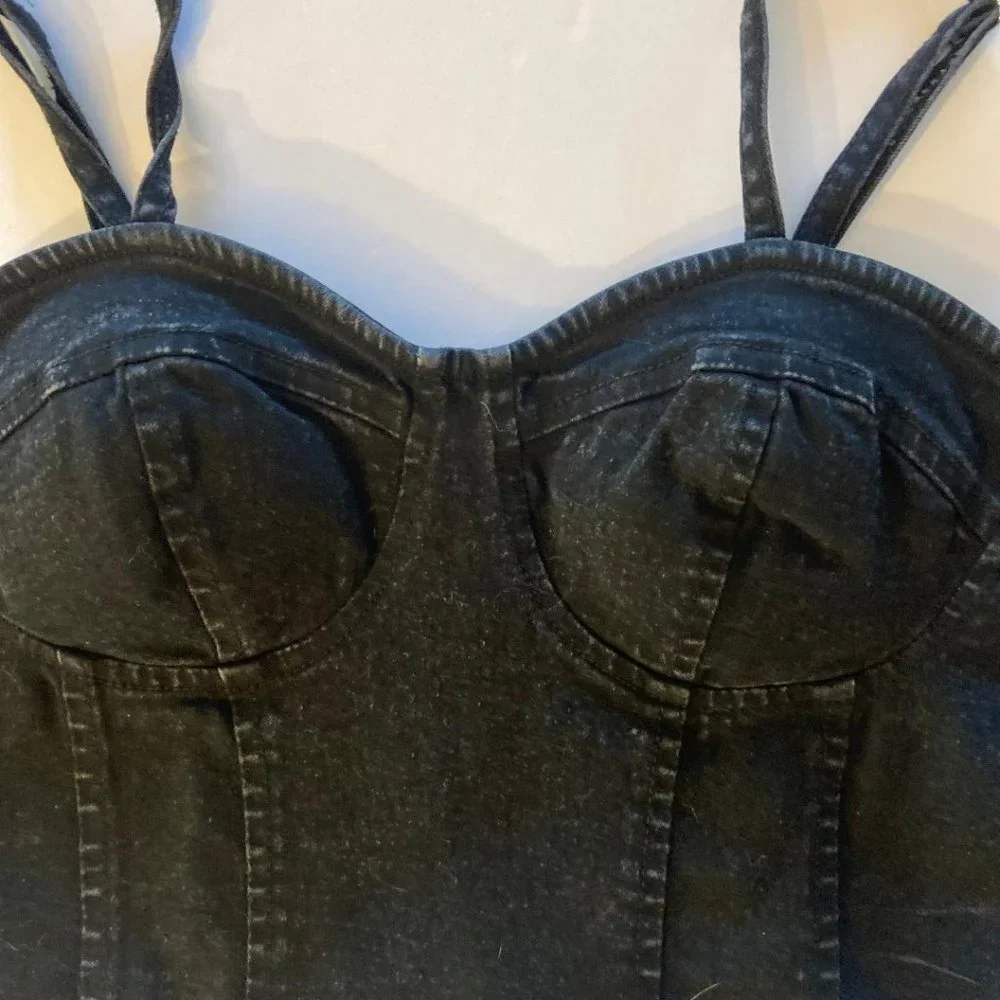 Rebellion Again Black Denim Corset Style Cropped Tank Top, Size Medium - Picture 2 of 5